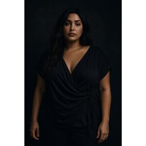 DKNY Womens Wrap Tie Top XL Black Short Sleeve V Neck Whimsigoth Fairy Grunge